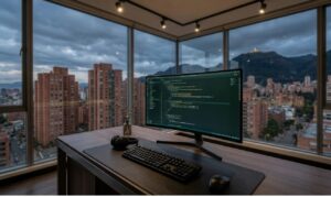 Una toma de ángulo bajo desde un escritorio de madera oscura, mirando hacia un monitor curvado de 4K que muestra código HTML y CSS optimizado con un tema oscuro profesional y resaltado de sintaxis verde, blanco y azul turquesa. En primer plano, se ven un teclado mecánico negro, un ratón inalámbrico y unos auriculares de diadema sobre una alfombrilla de escritorio. A través de la gran ventana panorámica del fondo, se divisa la distintiva silueta urbana de Bogotá con sus edificios de ladrillo rojo y la montaña de Monserrate bajo un cielo nublado al atardecer, estableciendo el contexto local del espacio de trabajo.