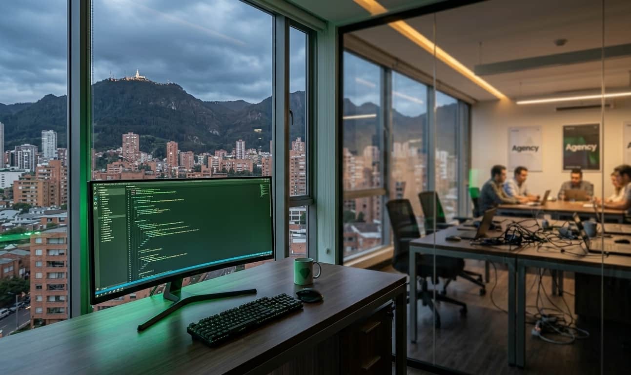 Una toma de ángulo bajo desde un escritorio de madera oscura, mirando hacia un monitor curvado de 4K que muestra código HTML y CSS optimizado con un tema oscuro profesional y resaltado de sintaxis verde, blanco y azul turquesa. En primer plano, se ven un teclado mecánico negro, un ratón inalámbrico, unos auriculares de diadema y una taza de café sobre una alfombrilla de escritorio. A través de la gran ventana panorámica del fondo, se divisa la distintiva silueta urbana de Bogotá con sus edificios de ladrillo rojo y la montaña de Monserrate bajo un cielo nublado al atardecer, estableciendo el contexto local del espacio de trabajo. En la parte derecha de la imagen, se ve otra oficina donde varias personas están teniendo una reunión, lo que añade un contraste interesante entre el trabajo individual y el trabajo en equipo.
